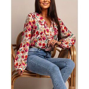 Floral Ruffle V-Neck Long Sleeve Blouse For Women S-XXL Available
